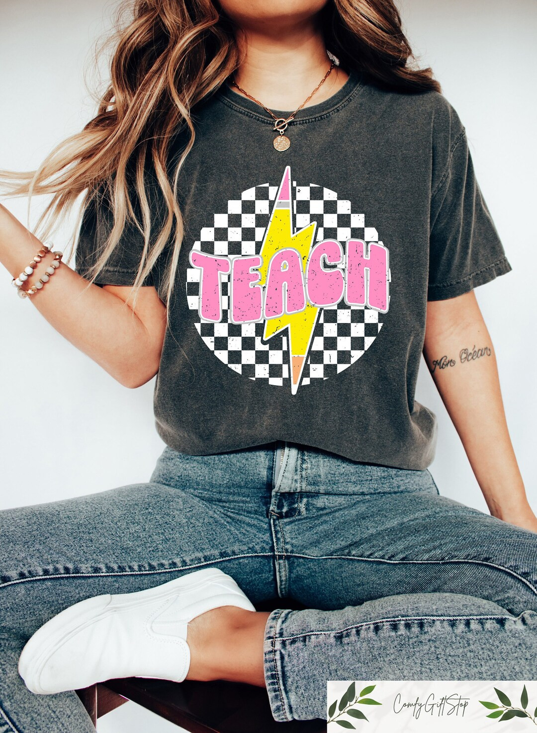 Retro Comfort Teacher Shirt, Checkered Teach Shirt, Back to School, Teacher Appreciation Gift, Ne... | Etsy (US)