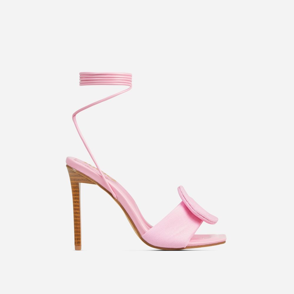 Layla Lace Up Mix Match Buckle Detail Square Toe Stiletto Heel In Pink Linen | EGO Shoes (US & Canada)