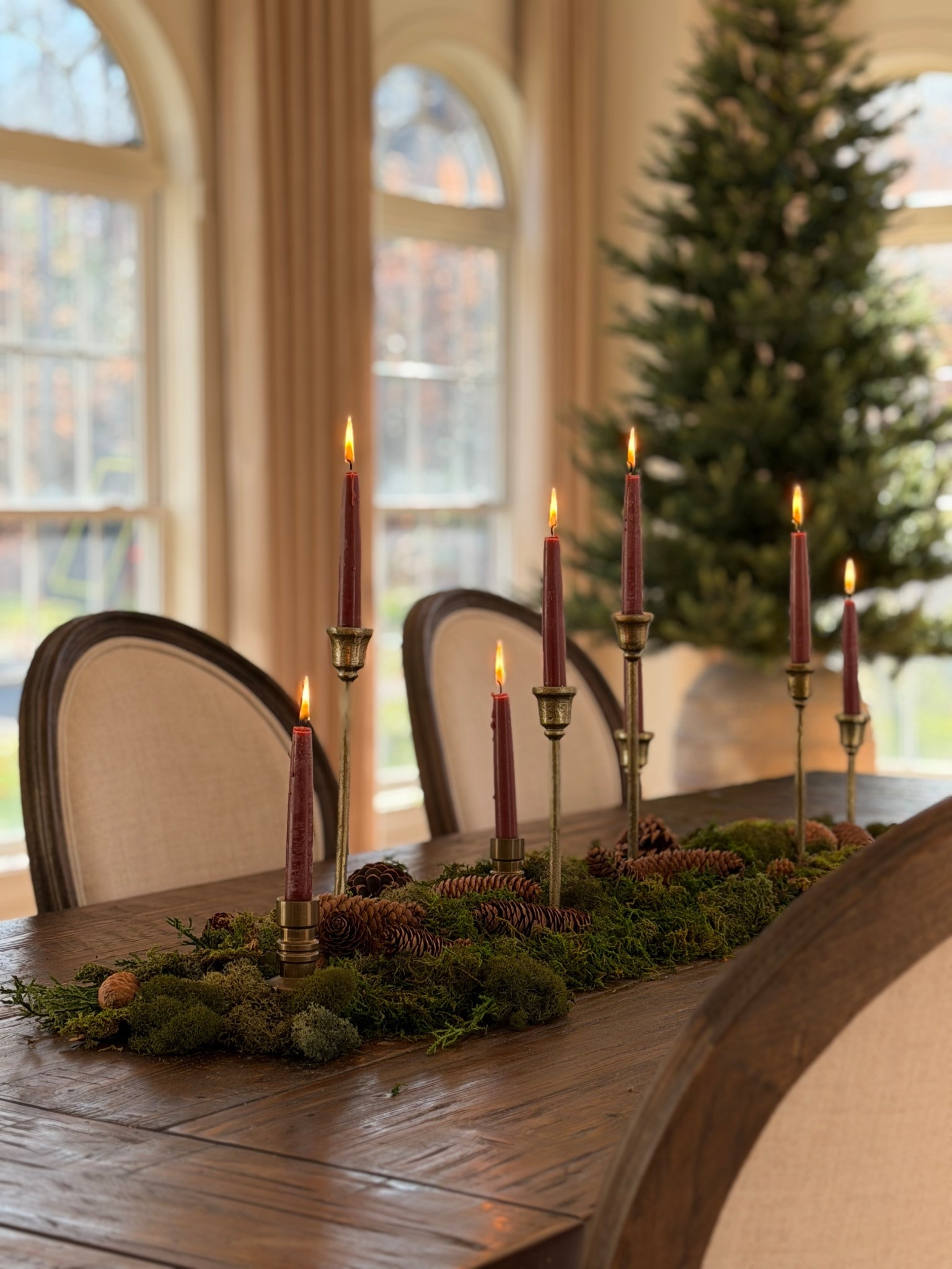 Easy dining table decor. A collection of brass candles sticks, brown candles, moss and pinecones. 

I went with shorter candlesticks so we can still converse around the table.

Inexpensive but makes a statement.

#LTKHoliday #LTKFindsUnder50 #LTKHome