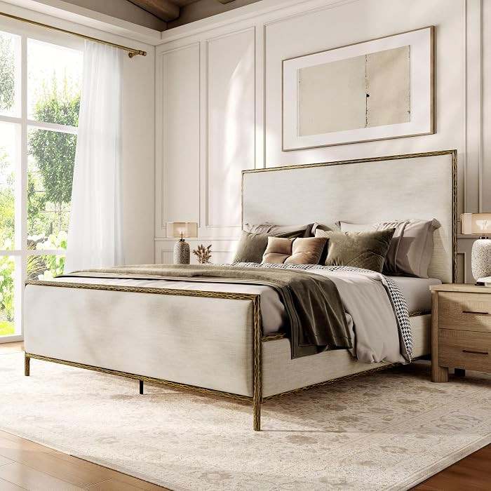 Lalia Hammered Metal Upholstered Bed with Beige Fabric 60-inch Tall Headboard, Forged Steel Frame... | Amazon (US)