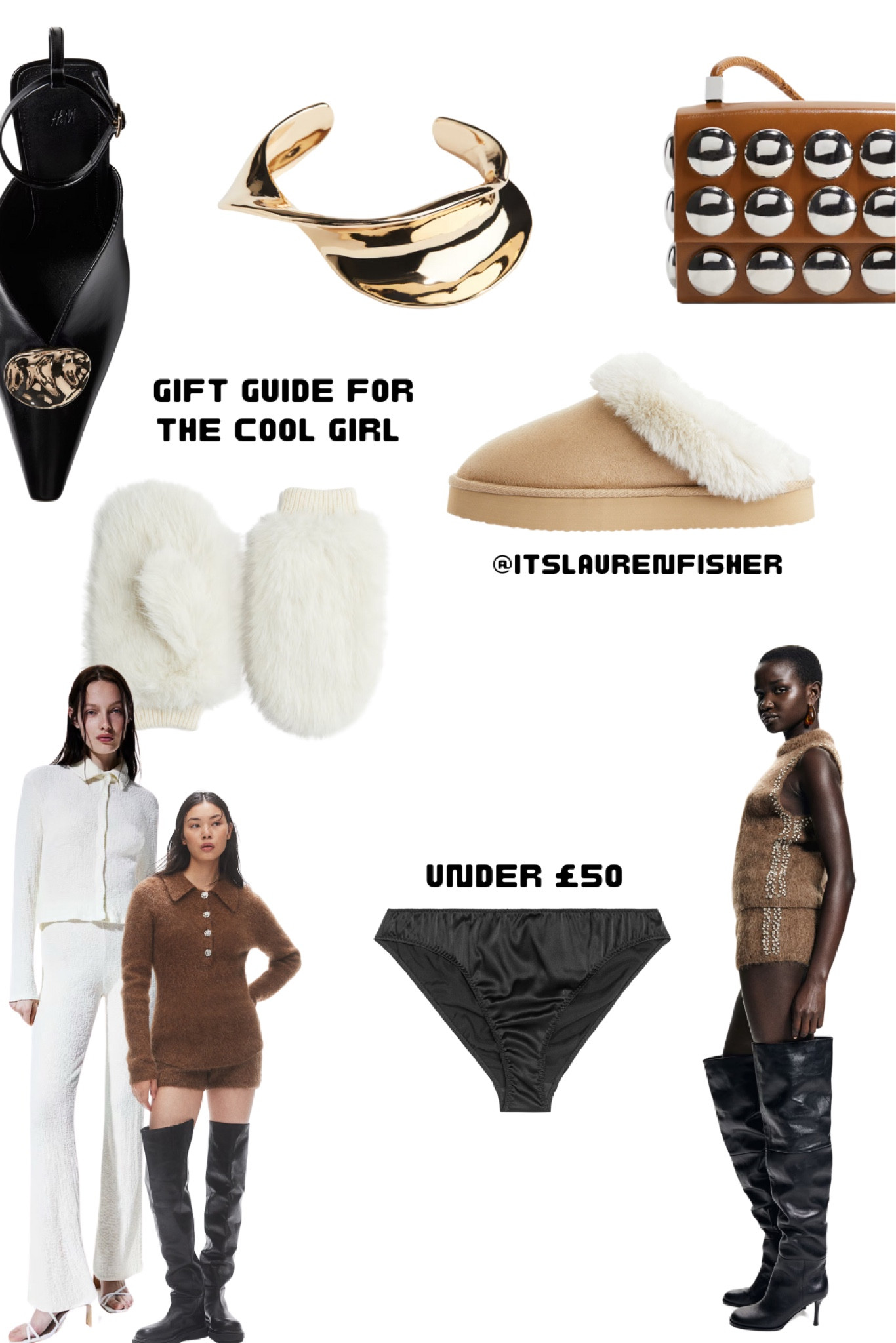 Christmas gift guide for the cool girl for under £50 🖤

gold bangle / gold cuff bracelet / black pointed toe shoes / studded bag / fluffy mittens / shearling slippers / fluffy slippers / ugg slippers / trousers and shirt co ord / knitted co ord / satin knickers / H&M / festive / christmas gift / gift guide / christmas gifts for her / christmas gift guide / christmas gift ideas / christmas gift guide for her / christmas gift guide 2024 / gift ideas for women / gift guide for her / last minute / autumn / winter / 2024 

#christmasgift #christmasgiftguide #christmasgiftsforher #giftguide2024 #giftguideforher



#LTKwinter #LTKstyletip #LTKgiftguide