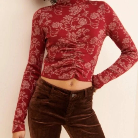 Anthropologie Ruched Mock-Neck Sweater Red Metallic Gold Size S | Poshmark