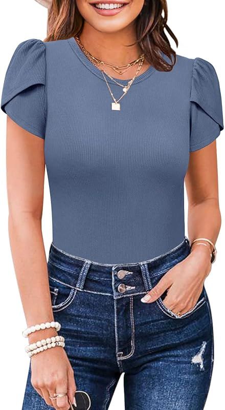 MIHOLL Women's Short Sleeve Shirt Round Neck Summer Casual Blouses Tops | Amazon (US)
