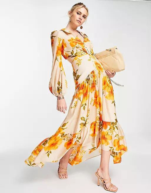ASOS DESIGN tiered viole maxi dress with collar and button detail in orange floral | ASOS (Global)
