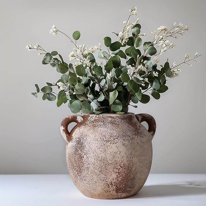 6.9in Rustic Ceramic Vase, Farmhouse Vase with 2 Handles, Brown, Round, Solid Pattern, Perfect fo... | Amazon (US)