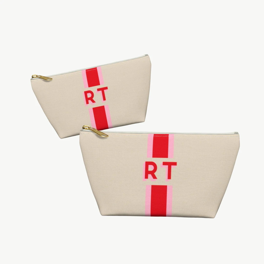 Parchment Canvas Stripe Shadow Monogram Accessory Pouch Personalized Makeup Initial Cosmetic Bag ... | Etsy (US)