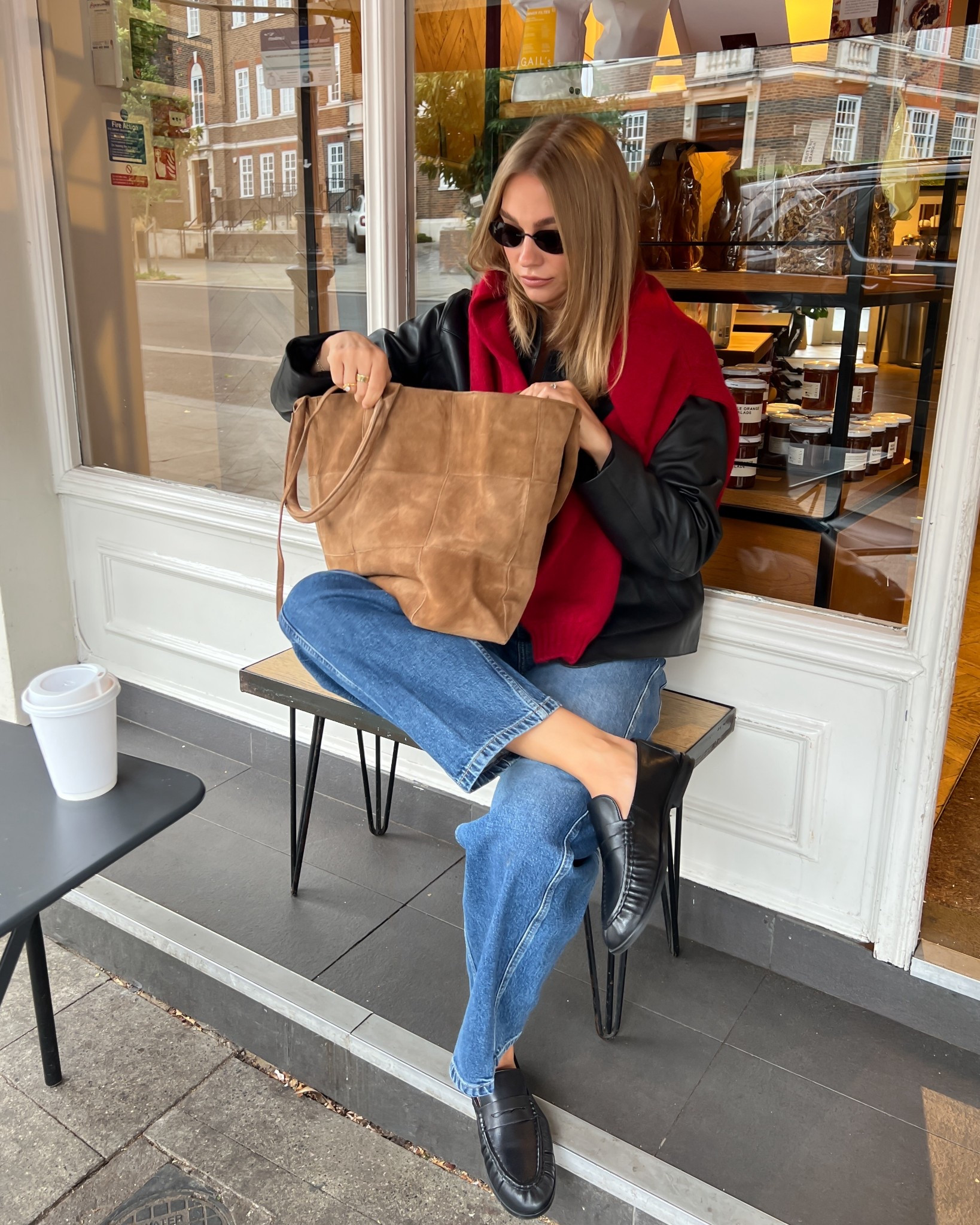 Autumn outfit from mint velvet 
Leather cropped jacket 
Barrel legs Jean size 10 long 
Red cardigan size 10 
Suede bag under £200!!
