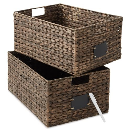Casafield Set of 2 Water Hyacinth Pantry Baskets, 12-1/2" x 17" x 8", with Chalkboard Labels and Chalk Marker - Espresso, Woven Storage Bin Organizers for Kitchen Shelves | Amazon (US)