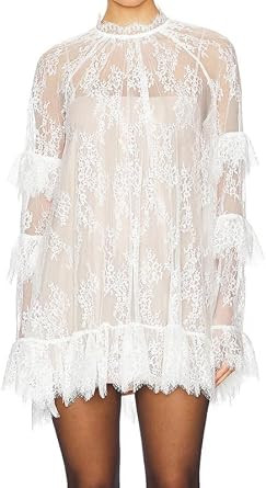 Women See Through Long Sleeve Lace Mini Dress Ruffle Layered Sheer Lace Short Dresses Sexy Going Out Cover Up Dresses | Amazon (US)