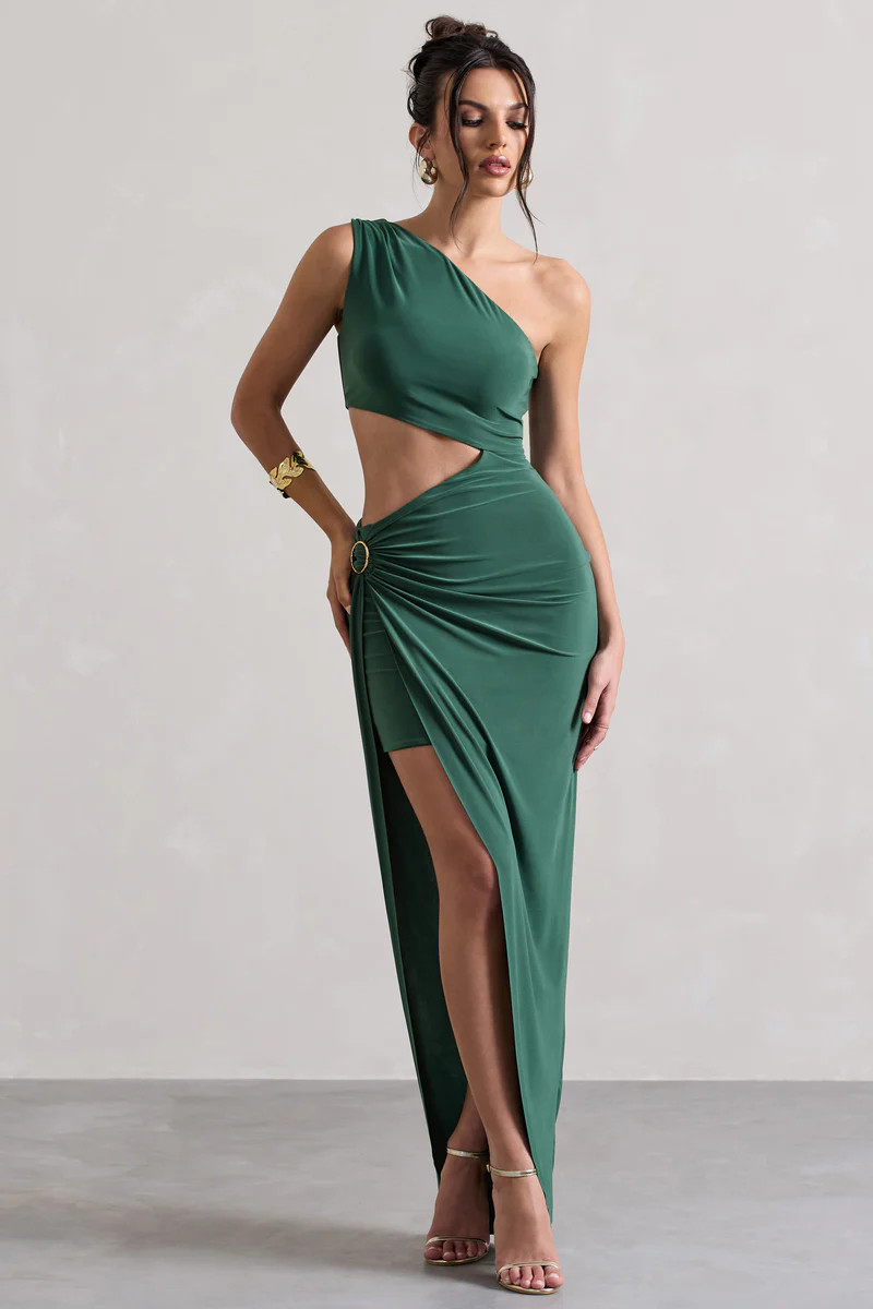Costa Rica | Forest Green Asymmetric Cut-Out Split Maxi Dress | Club L London