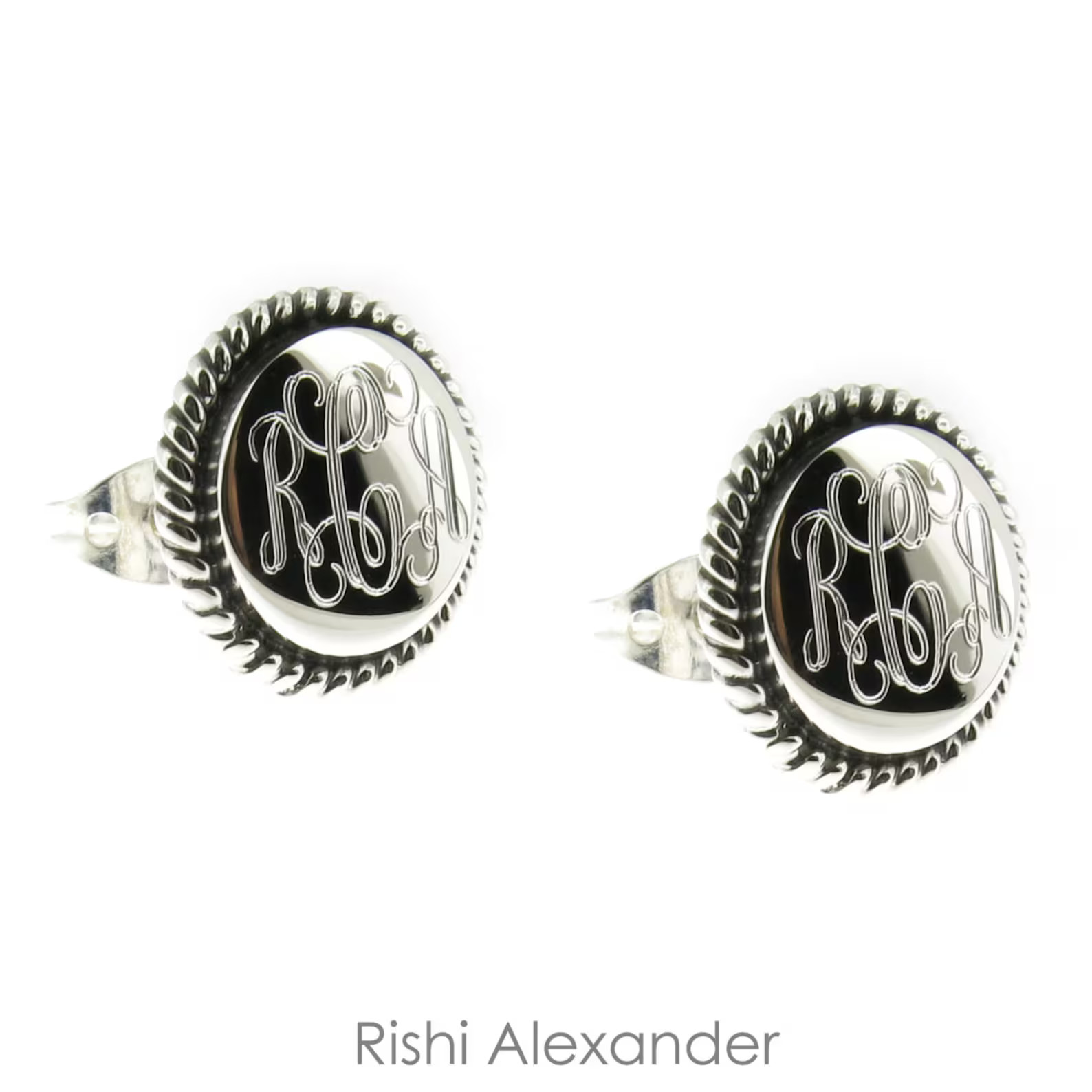925 Sterling Silver Round Rope Edge Monogram Personalized Earrings | Etsy (US)