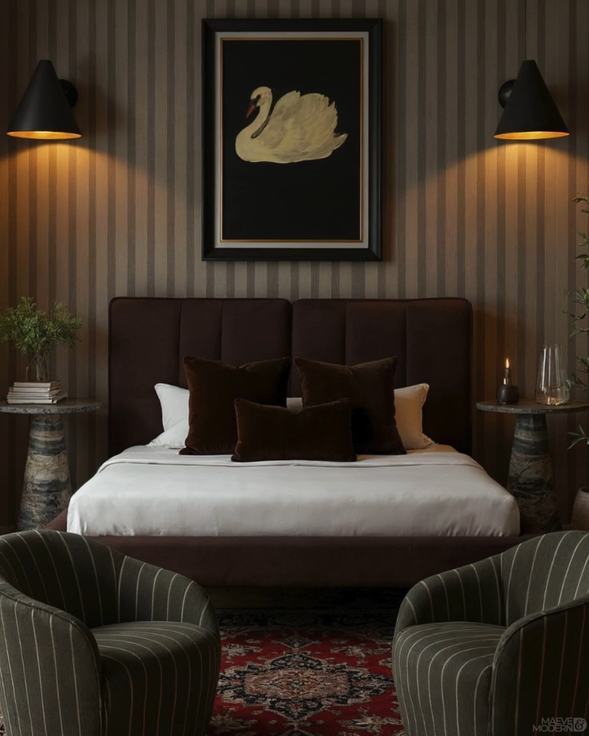 Moody Chocolate Brown Bedroom 🤎 This sophisticated bedroom layers rich chocolate brown, olive green, black, and warm neutral tones for a dramatic modern traditional look. The chocolate upholstered bed and velvet pillows pair beautifully with striped wallpaper, sculptural marble pedestal tables, black wall sconces, and statement swan artwork. Olive green striped barrel chairs and a vintage-inspired Persian rug bring even more depth and pattern, creating a cozy, collected bedroom with an elevated boutique hotel feel.

🖤 If you want to see more content like this, FOLLOW maeveandmodern on LTK, Instagram, and Pinterest! Check out our blog where we post daily, maeveandmodern.com!

Moody Bedroom | Chocolate Brown Bedroom | Brown Bedroom Decor | Dark Bedroom Ideas | Modern Traditional Bedroom | Olive Green Decor | Striped Wallpaper | Striped Accent Chairs | Upholstered Bed | Velvet Throw Pillows | Black Wall Sconces | Bedroom Wall Lighting | Swan Wall Art | Statement Artwork | Marble Side Table | Pedestal Side Table | Persian Rug | Vintage Inspired Rug | Moody Fall Decor | Fall Bedroom Refresh | English Inspired Interiors | Boutique Hotel Bedroom | Designer Bedroom Ideas | Cozy Luxury Bedroom | Warm Moody Interiors#LTKFindsUnder100

#LTKHome #LTKSaleAlert #LTKSeasonal #LTKHome #LTKSaleAlert