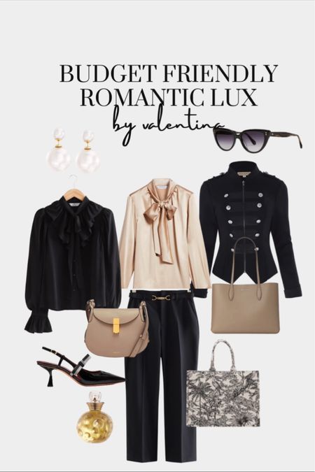 Budget Friendly, Romantic style, Elegant style, winter style, Victorian style blazer, Kate spade pumps, Kate spade sunglasses, belted black trousers, leather saddle bag, Dior fragrance, pearl earrings, Silk blouse 

#LTKstyletip #LTKGiftGuide #LTKeurope