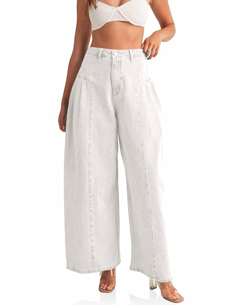 PLNOTME Womens Baggy High Waisted Jeans Loose Boyfriend Wide Leg Side Pleated Denim Pants | Amazon (US)