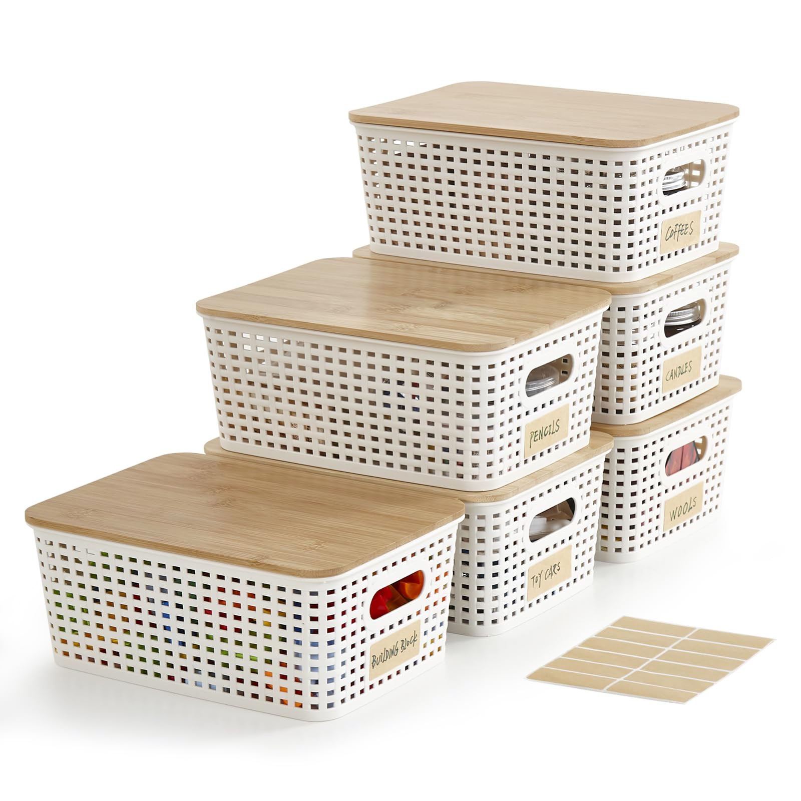 Bagnizer Small Plastic Storage Bins with Bamboo Lids 5.2qt Stackable Box Basket Pantry Decorative... | Amazon (US)