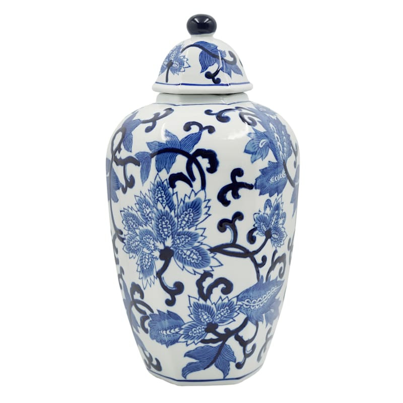 White and Blue Floral Jar with Lid, 14.5" | At Home