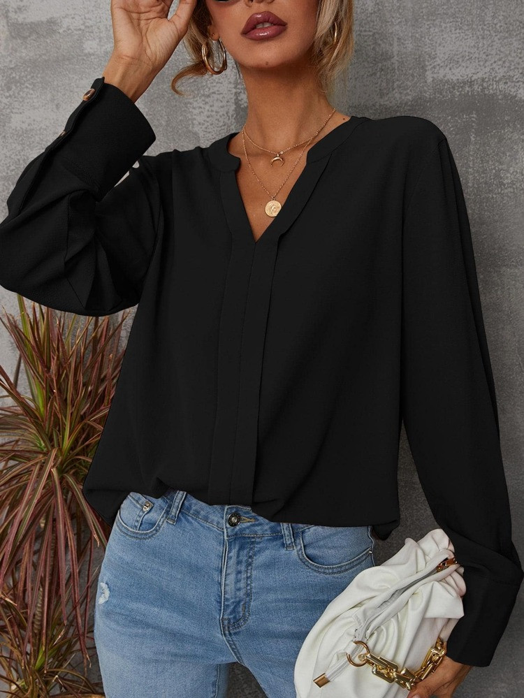 Solid Notched Buttoned Cuff Shirt | SHEIN