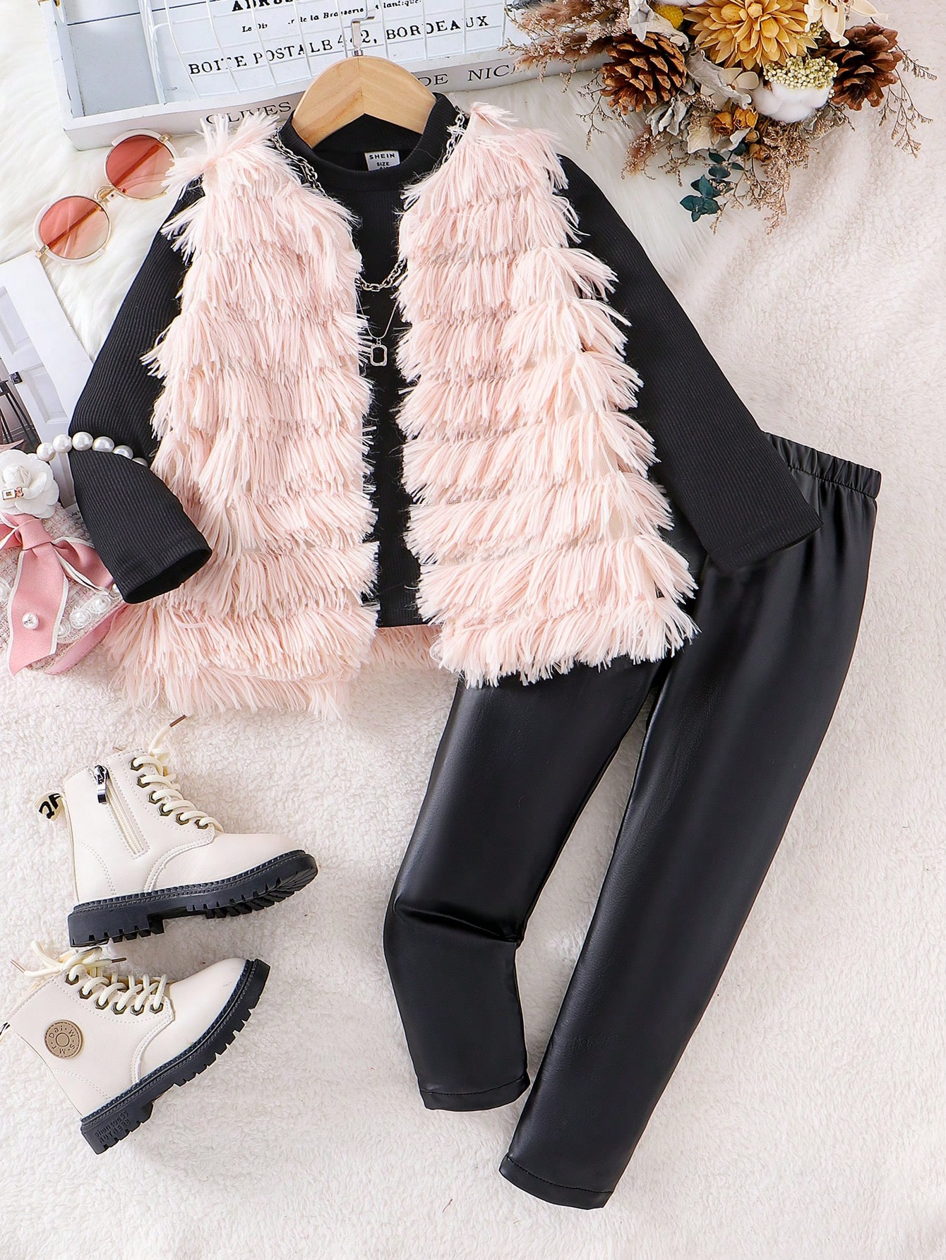 3pcs/Set Young Girls' Solid Ribbed Top, Pants And Furry Vest Outfit, Mommy And Me Matching Sets (... | SHEIN