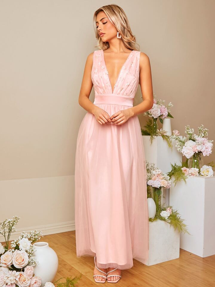 SHEIN Belle Plunging Neck Tie Backless Mesh Overlay Bridesmaid Dress | SHEIN