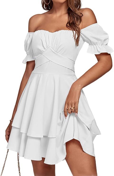 LYANER Women's Tie Back Off Shoulder Wrap Layer Ruffle Short Sleeve Mini Dress | Amazon (US)