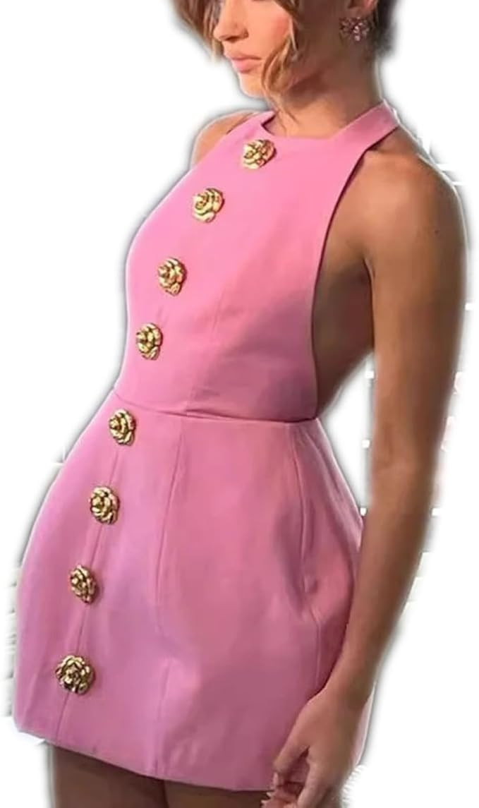 Halter Backless Mini Dress Women Summer Elegant Sleeveless Gold Button Solid Color Dresses Lady P... | Amazon (US)