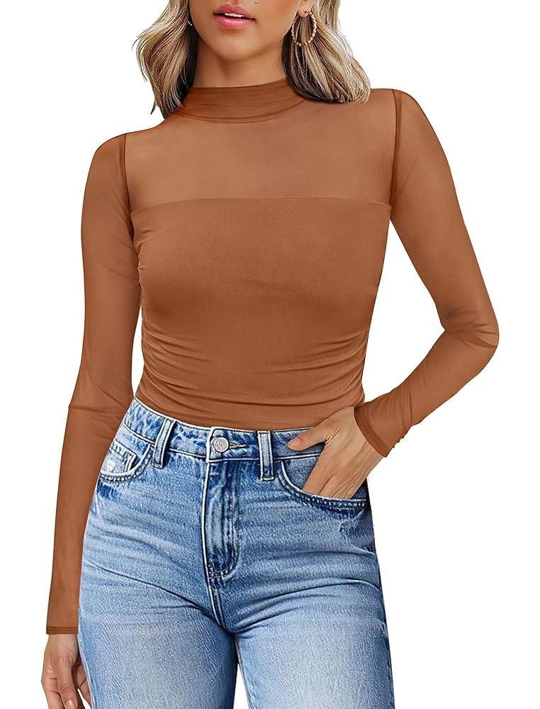Womens Sexy Mesh Long Sleeve Shirts Fashion Clothing Turtle Necks Sheer Ruched Going Out Tops Fal... | Amazon (US)