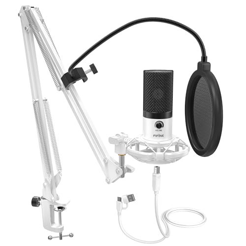 FIFINE USB Recording Microphone Kit, Studio Condenser Microphone for Vocals Music Creation, Voice-Over, Singing with Metal Boom Arm, 16mm Diaphragm, Podcast Mic Set-T669 White | Amazon (US)