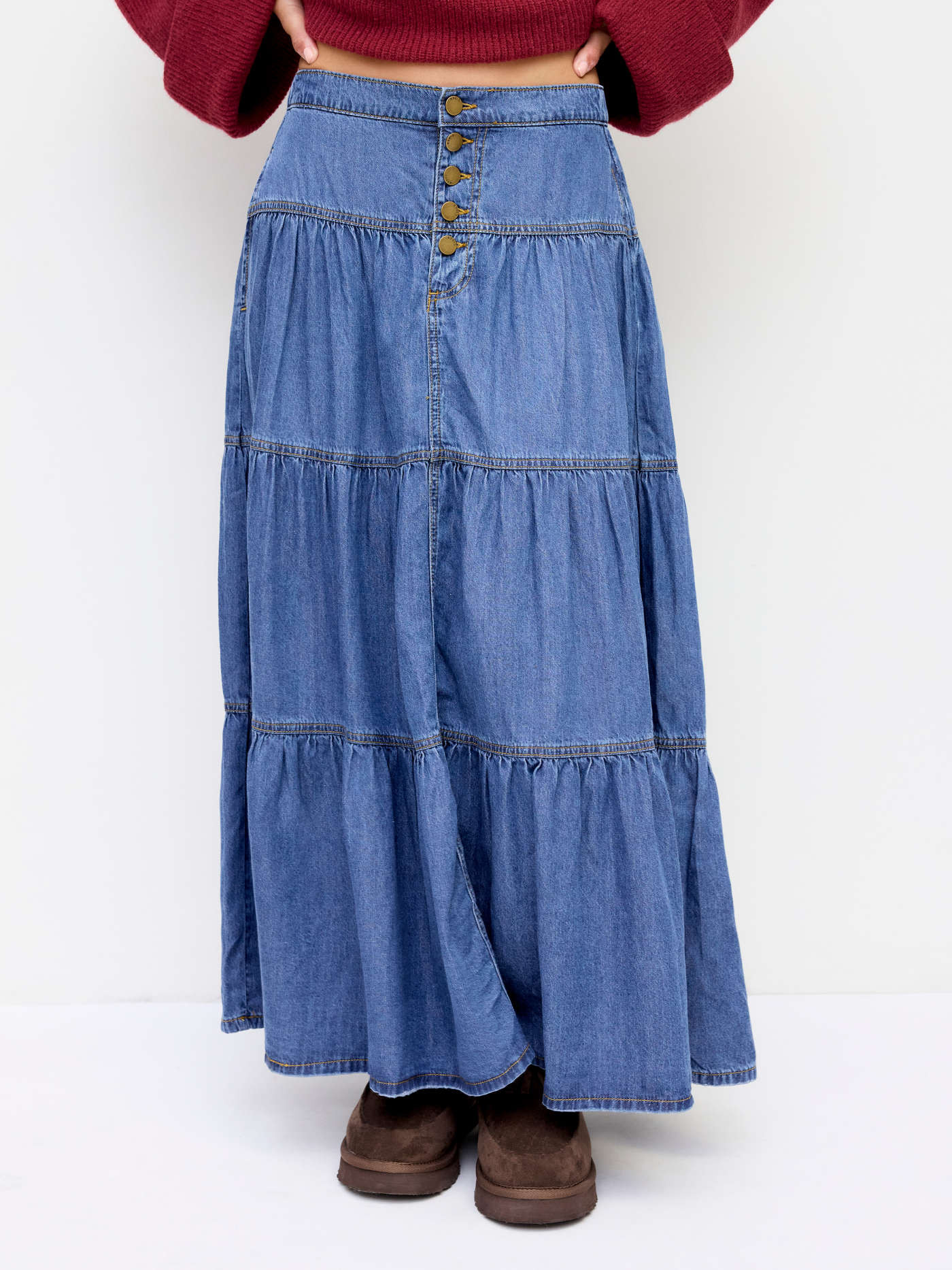 denim denim skirt long denim skirt Denim Denim High Rise Solid Tiered Button Pocket Maxi Skirt Fo... | Cider