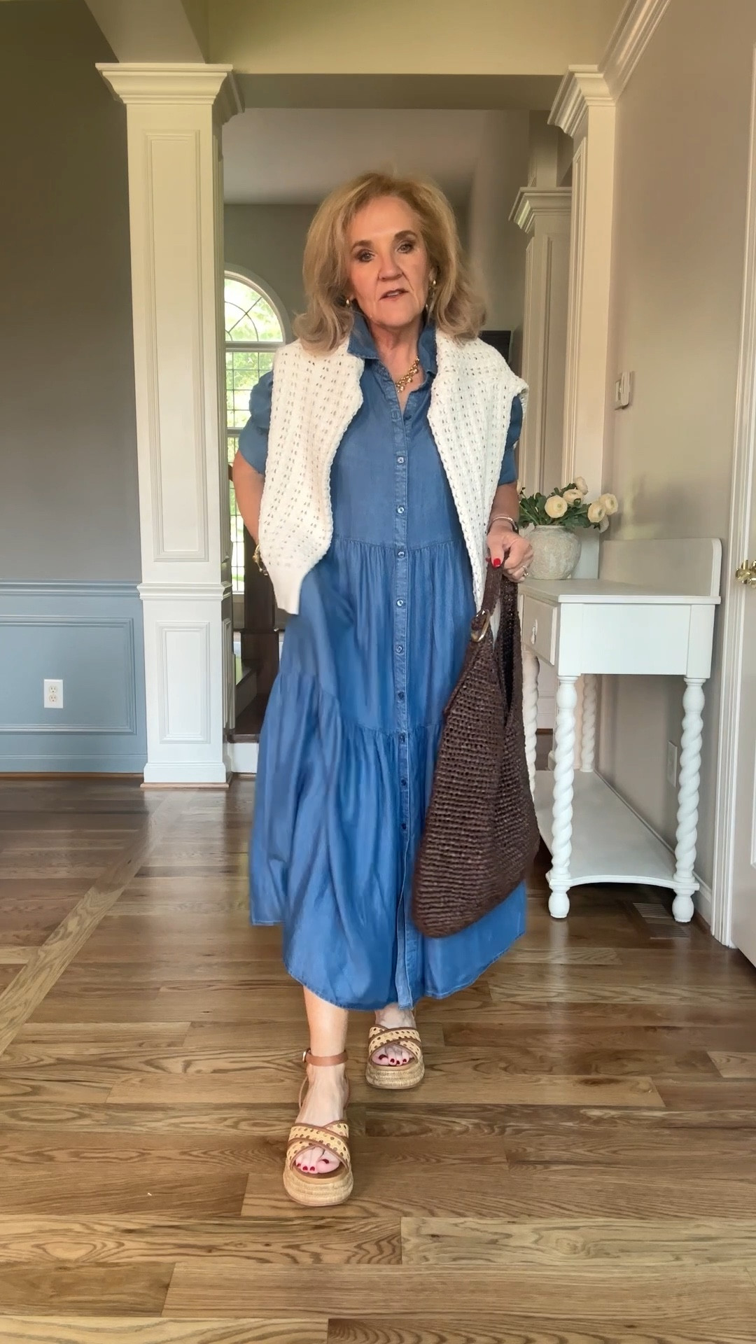 Belk chambray dress. So soft so lightweight it’s 100% lyocell wearing size medium 
Crochet vneck sweater size large 
My purse is soldout. Will share a few similar. Love these oversized knot bags. 

Summer dress affordable fashion 


#LTKFindsUnder50 #LTKSaleAlert #LTKOver40