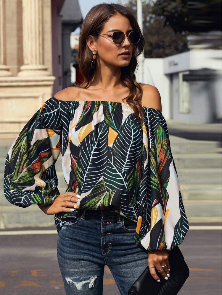 Off Shoulder Plants Print Lantern Sleeve Top | SHEIN