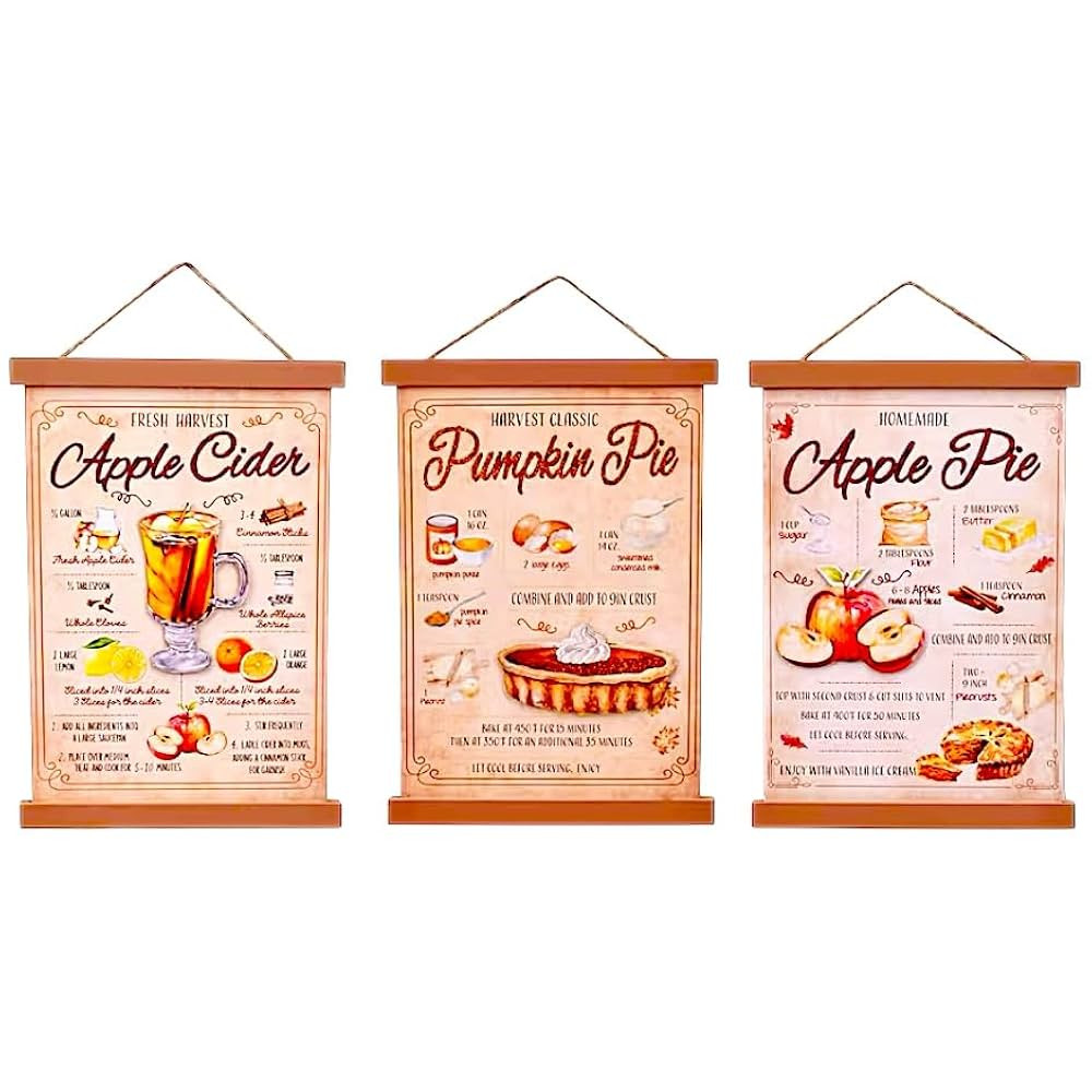 Fall Recipe Wall Art Set of 3 – Apple Cider, Pumpkin Pie & Apple Pie Signs – Vintage Farmhous... | Amazon (US)
