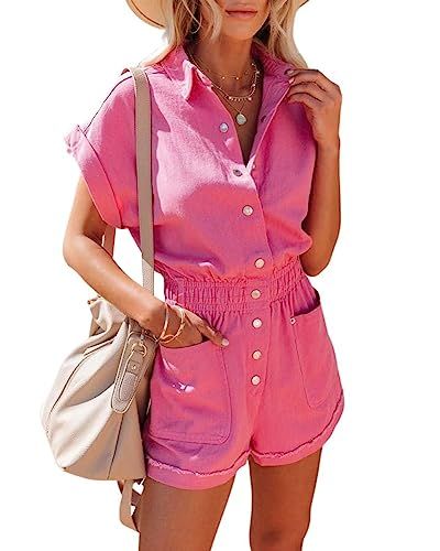 chouyatou Women's Short Cuffed Sleeve Utility Rompers Elastic Waist Button Down Cotton Pocketed J... | Amazon (US)