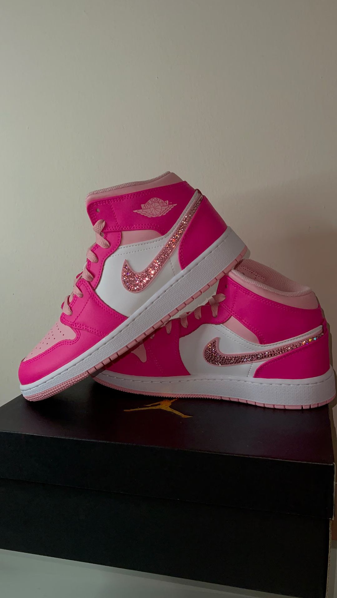 Air Jordan 1 Mid GS 'Fierce Pink'. Barbie pink sneakers with crystal swooshes | Etsy (US)