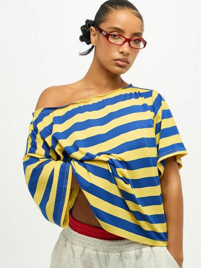 SUMWON WOMEN Off Shoulder Striped Top Casual Summer Fashion Oversized Loose Fit Boxy Short Sleeve Pullover Bold Street Style | SHEIN
