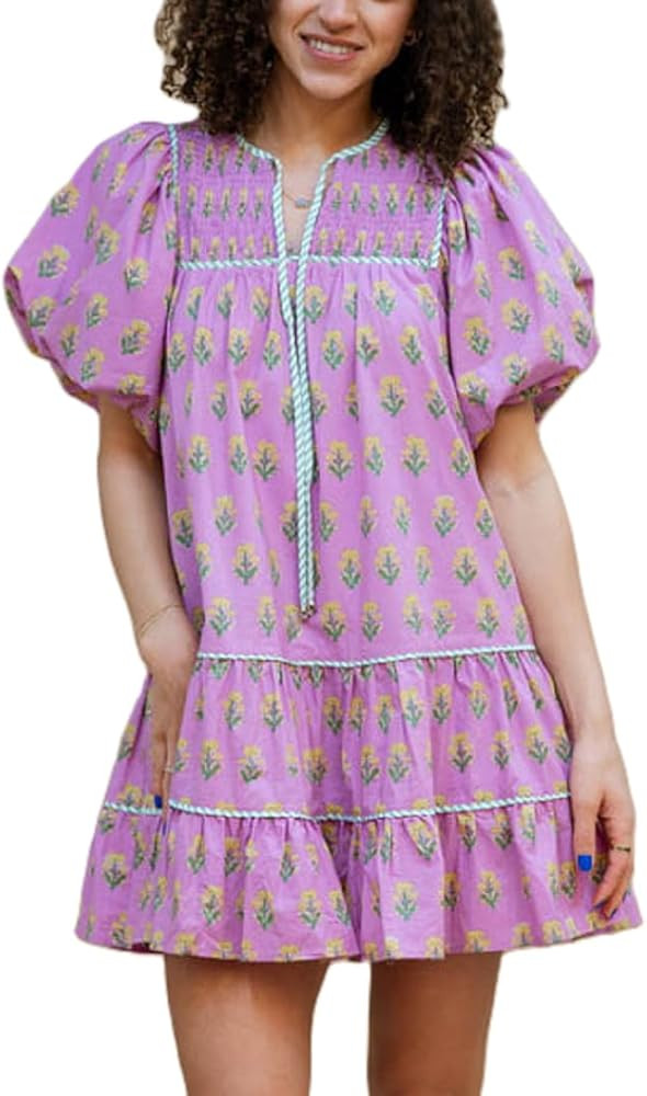 Lordree Women Boho Ruffle Sleeve Mini Dress Summer Trendy Floral Print Short Sleeve V Neck Cute B... | Amazon (US)