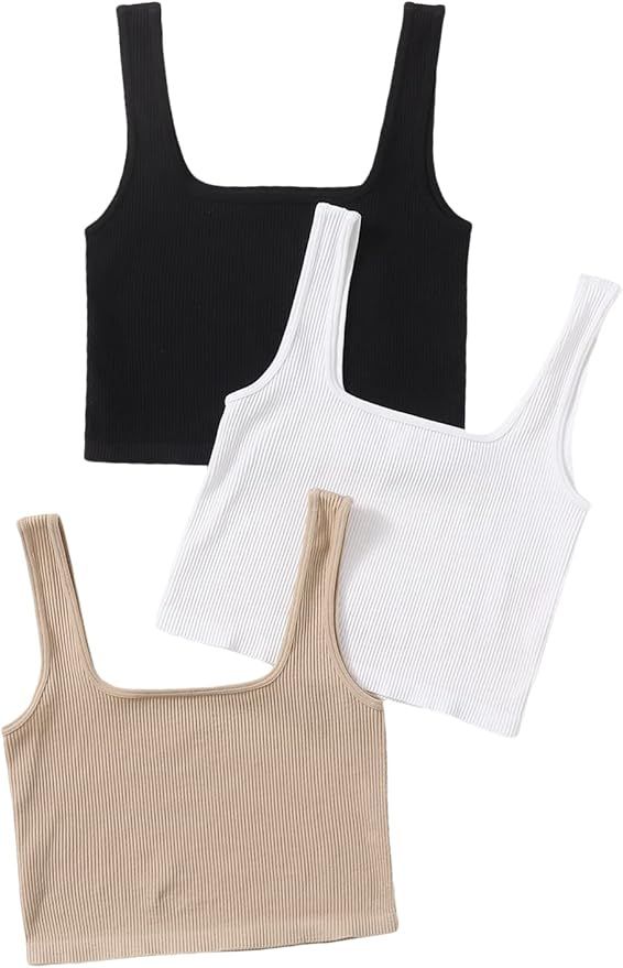 GORGLITTER Women's 3 Pieces Square Neck Sleeveless Ribbed Knit Crop Tops Tank | Amazon (US)
