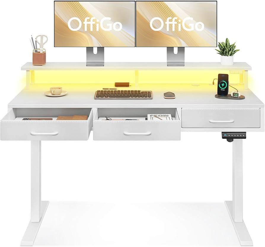 Electric Standing Desk with Drawers, 55 Inch Height Adjustable Desk with Power Outlets & LED Ligh... | Amazon (US)