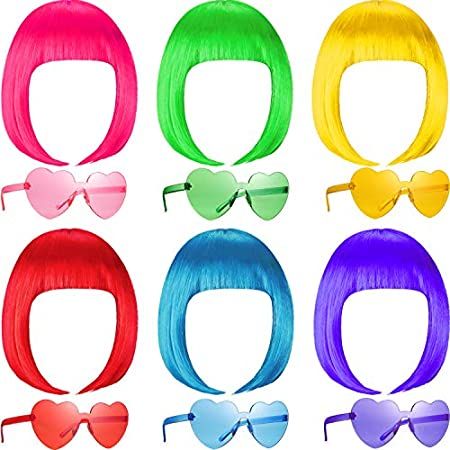 KUUQA 14Pieces Party Wigs & Sunglass Set,Neon Short Bob Wig Sunglass Pack Costume Colorful Cosplay W | Amazon (US)