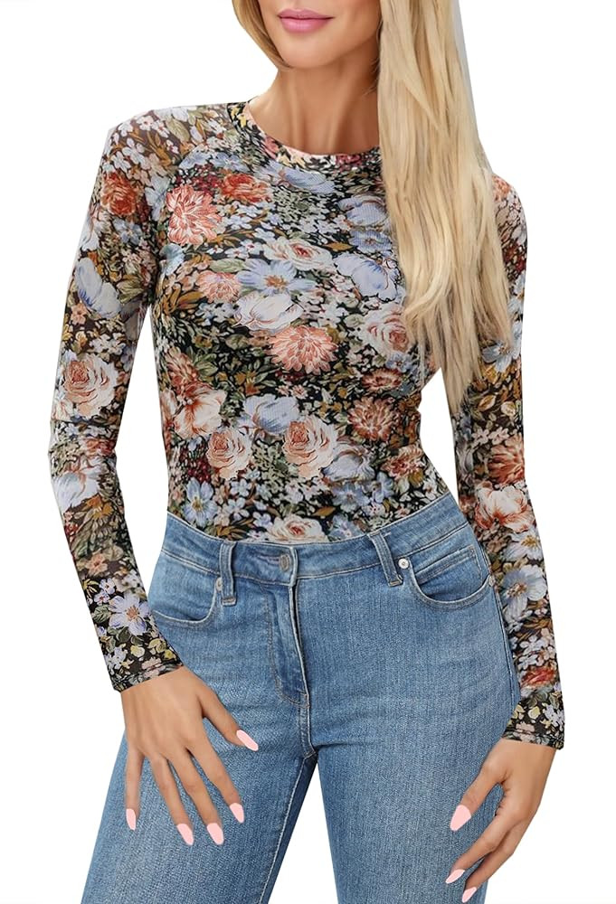 BemorRun Floral Mesh Top for Women Crew Neck Long Sleeve See Through Tee Shirts Fitted Sexy Going... | Amazon (CA)