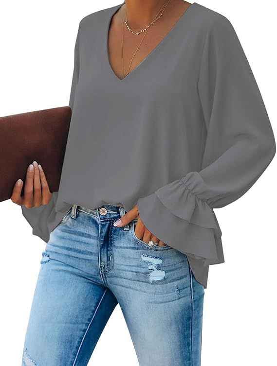 Vetinee Women's V Neck Ruffled Long Bell Sleeve Tops Casual Loose Shirt Blouse | Amazon (US)