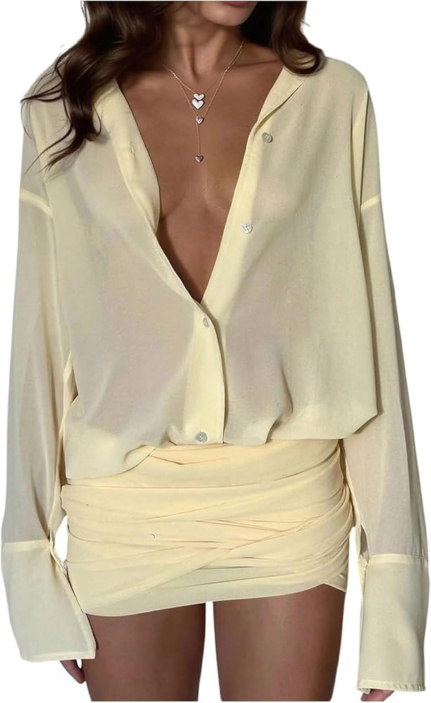 GORGLITTER Women's Sheer Button Down Shirt Dress Mesh Long Sleeve Ruched Bodycon Mini Dresses Sex... | Amazon (US)