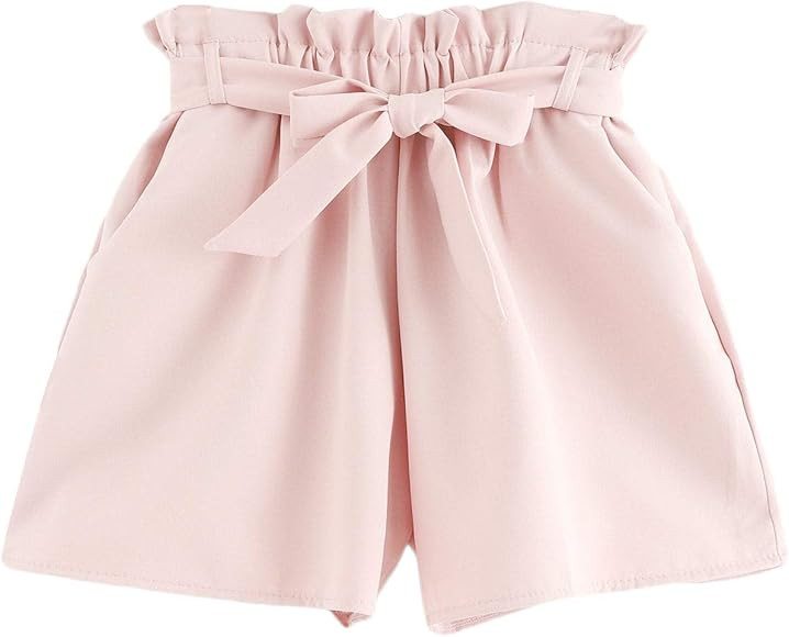 Women's Casual Elastic Waist Self Tie Waist Frill Trim Shorts | Amazon (US)