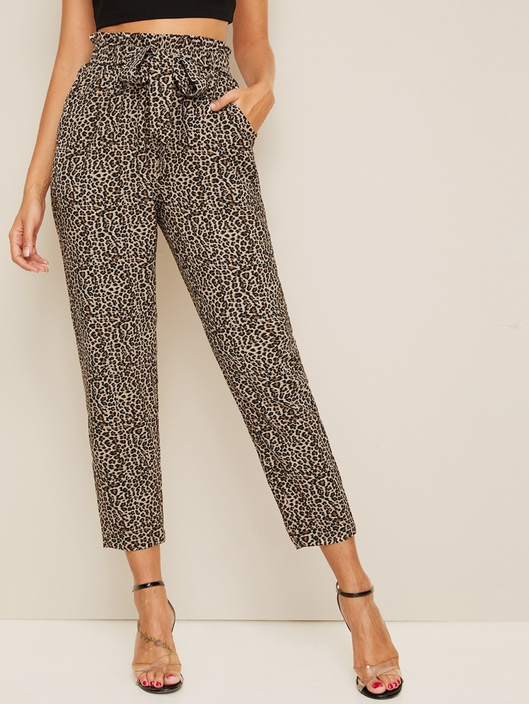 Paperbag Waist Belted Leopard Print Pants | SHEIN