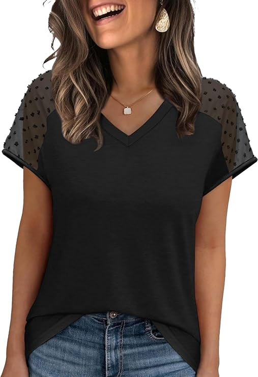 WIHOLL Summer Tops for Women V Neck T-Shirts Swiss Dot Short Sleeve Shirts Casual Fashion Blouses | Amazon (US)