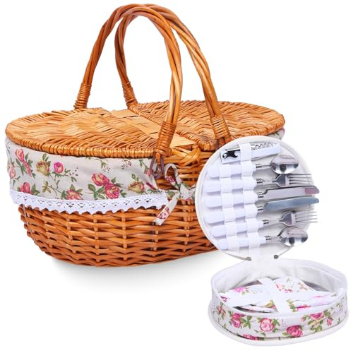 Wicker Picnic Basket with Handle, 15" Large Picnic Basket with Lid & Removable Liner, Vintage Hand Woven Basket with Cutlery Set for Picnics, Camping, Thanksgiving, and Birthday | Amazon (US)