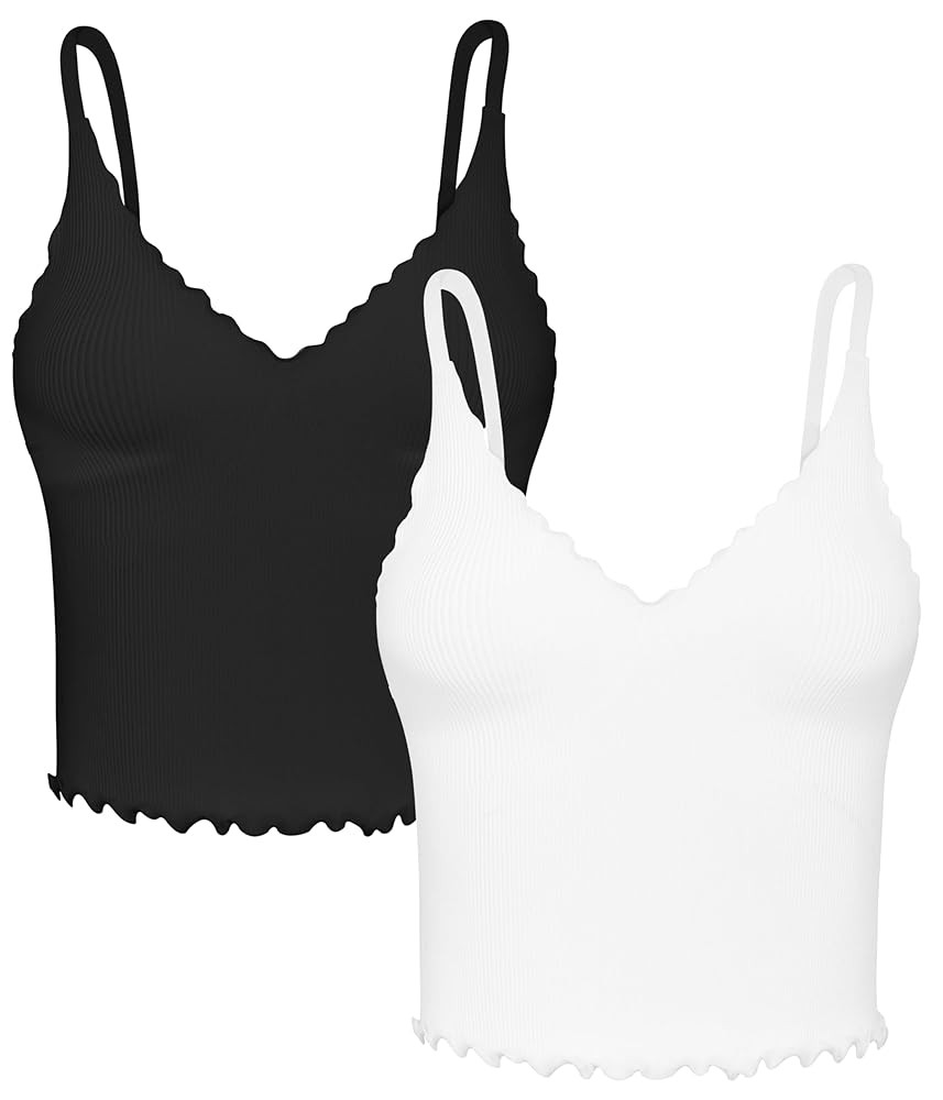 Sunzel Tank Top for Women, V Neck Seamless Ribbed Crop Camisole with Ruffles | Amazon (US)