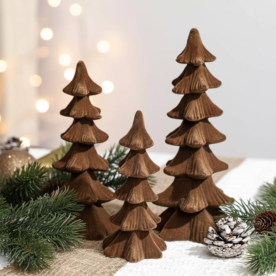 Newwiee 3 Pcs Christmas Velvet Trees Set Velvet Christmas Tree Cone Ceramics Flocked Modern Table... | Amazon (US)