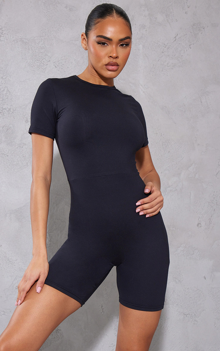 Black Sculpt Short Sleeve Unitard | PrettyLittleThing US