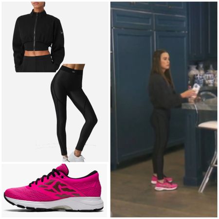 Kyle Richards’ Black Zip Up Jacket, Leggings and Hot Pink Sneakers