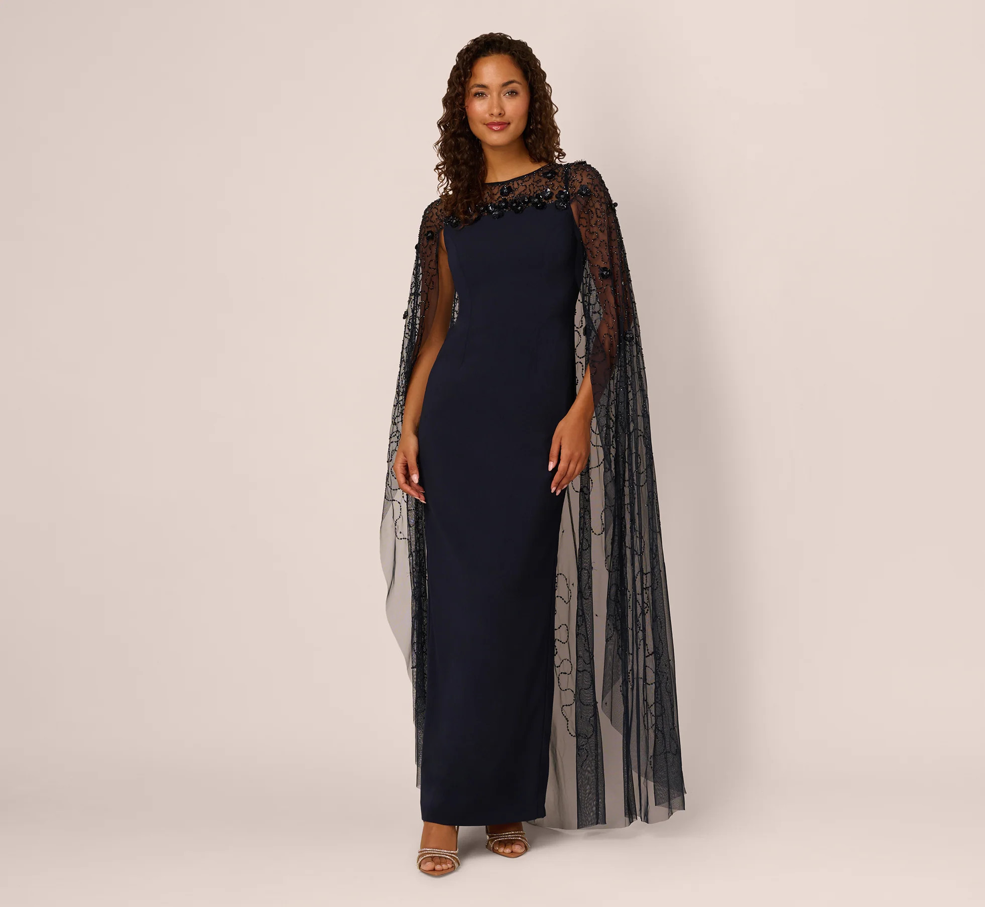 Floral Beaded Cape Gown In Midnight | Adrianna Papell